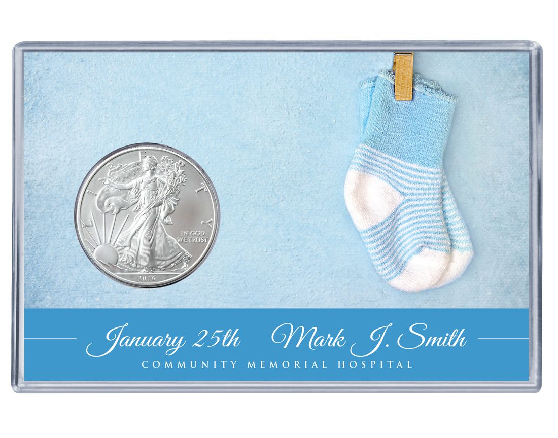 New Baby Silver Eagle Acrylic Display - Blue Socks