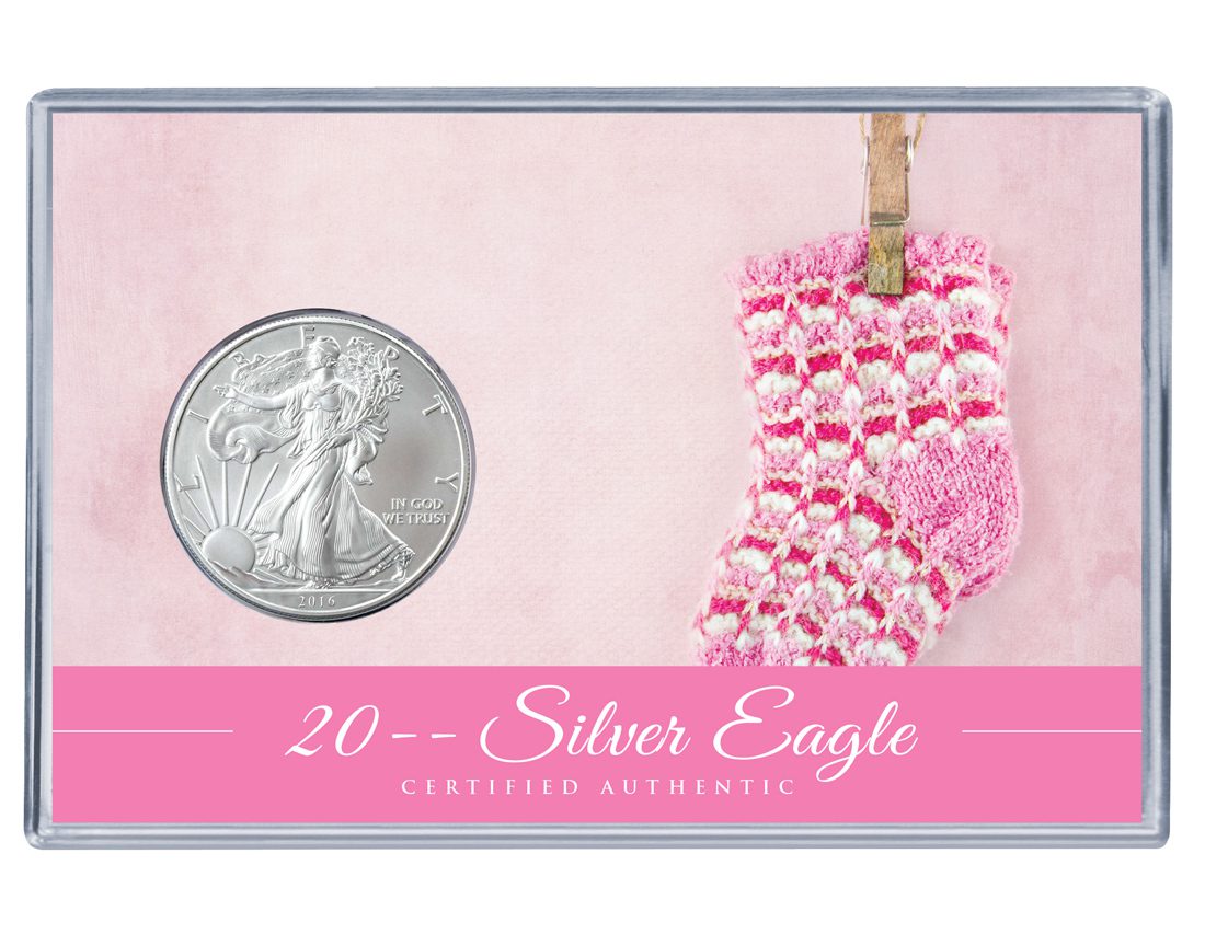 New Baby Silver Eagle Acrylic Display - Pink Socks