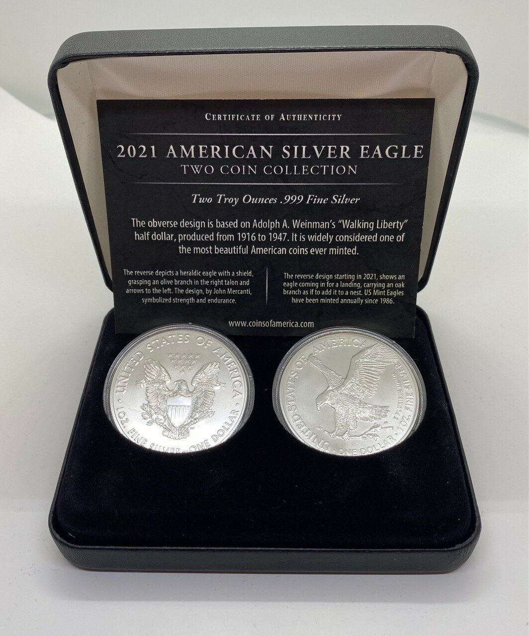 2021 American Silver Eagle 2 Piece Collection Type 1 & Type 2 Reverse Designs in a Custom Display Case