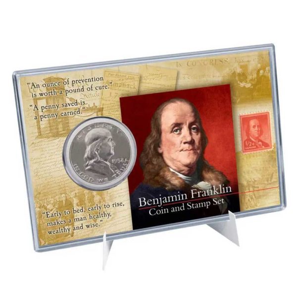 ben franklin half dollar coin and stamp